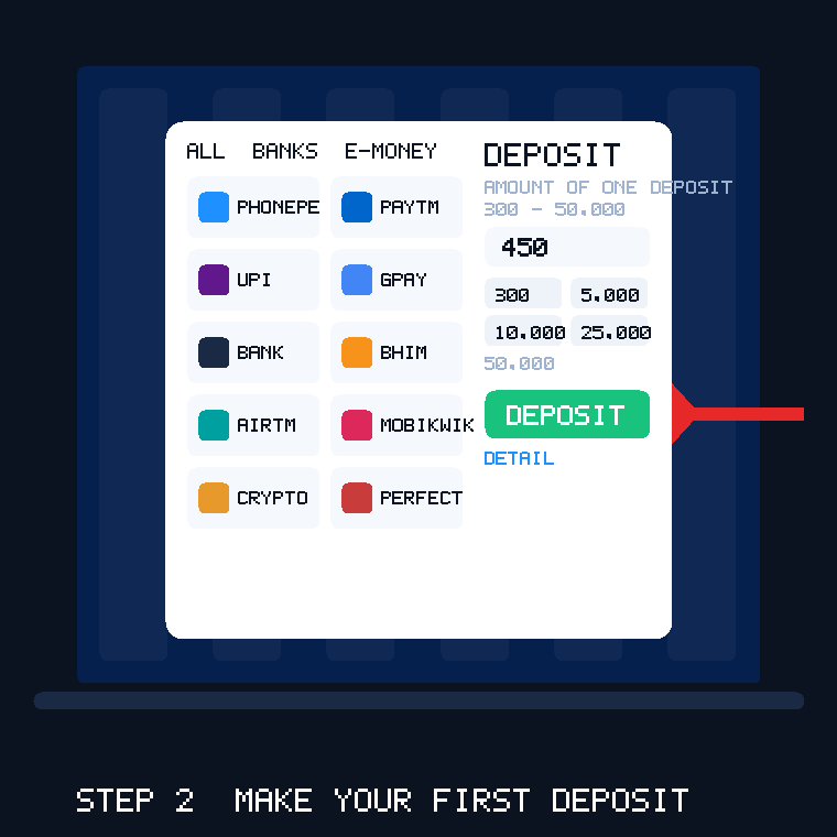 Step 2: 1win deposit screen with payment methods, amount selection and deposit button