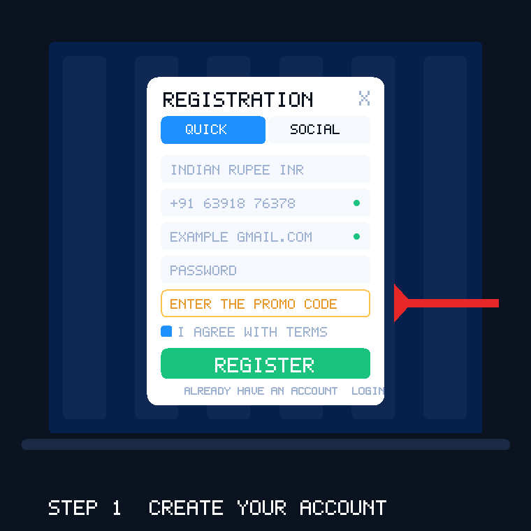 Step 1: 1win registration form with currency, phone, email, password and promo code field